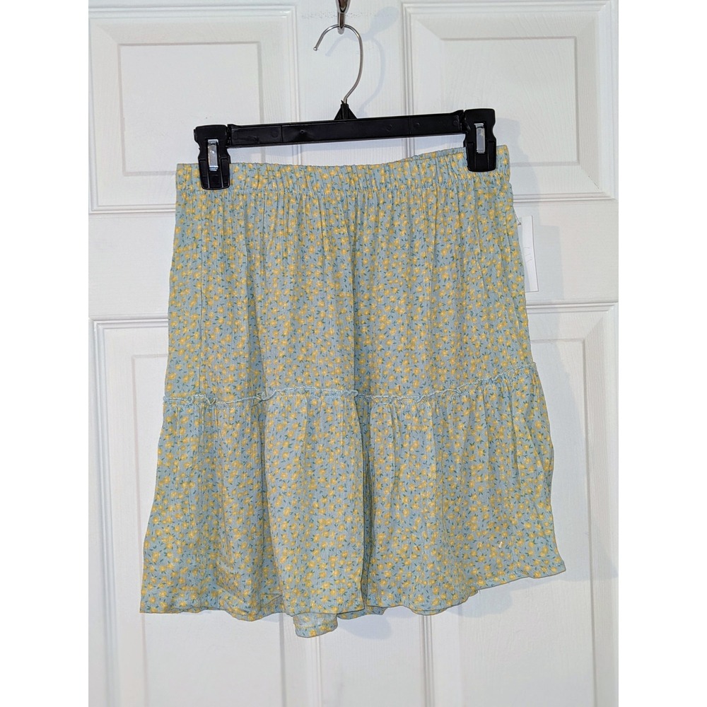 Pink‎ Rose Floral Mini Skirt Tiered Ruffle Hem Elastic Waist Blue Yellow M NWOT